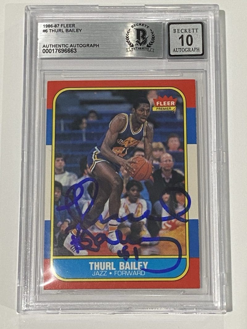 Thurl Bailey Signed 1986 Fleer #6 RC Rookie BAS 10 Auto Beckett Utah Jazz