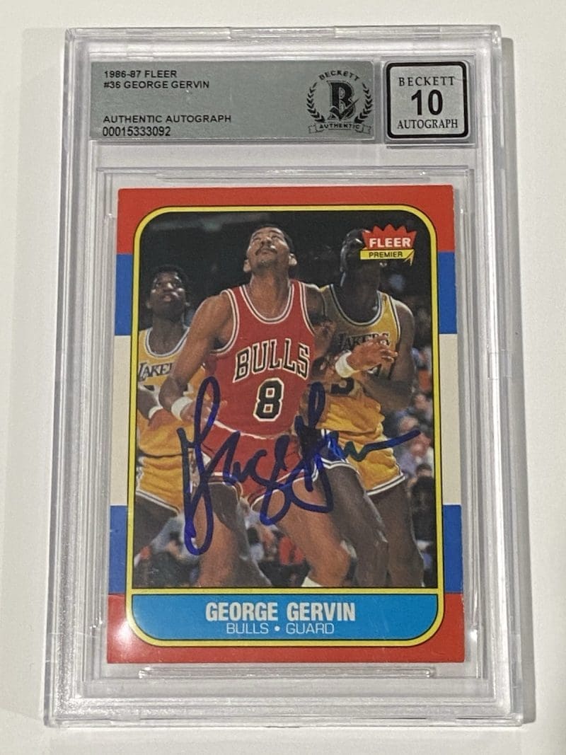George Gervin Signed 1986 Fleer #36 BAS 10 Auto Beckett Chicago Bulls Spurs