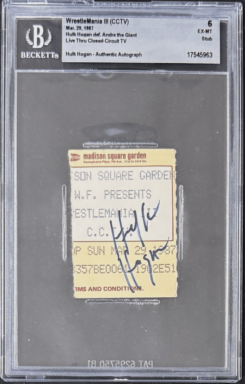 Hulk Hogan Signed WrestleMania III CCTV Ticket Stub Beckett "Hogan Slams ANDRE"