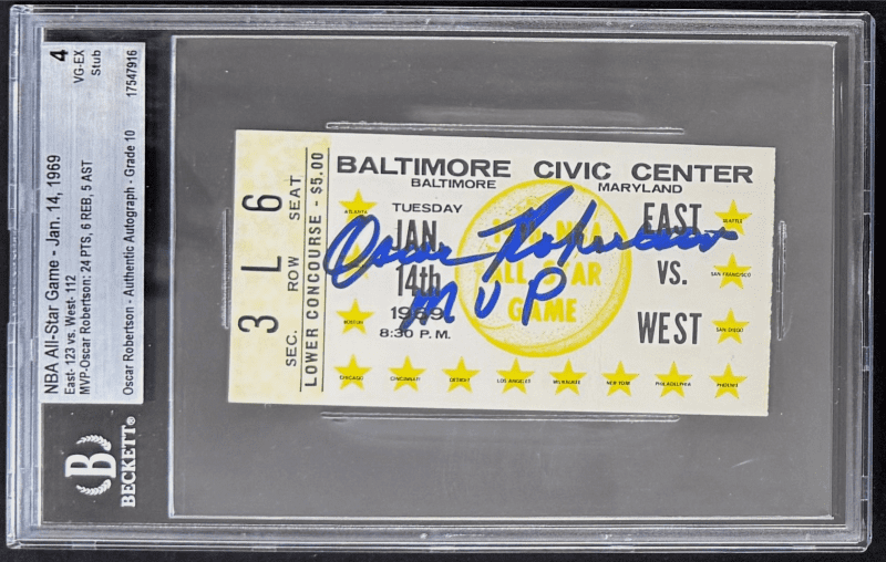 Oscar Robertson Signed 1969 NBA All Star Game Ticket Stub Beckett Auto 10