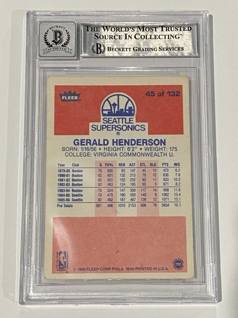 Gerald Henderson Signed 1986 Fleer #45 BAS Auto 10 Beckett Supersonics - Image 2