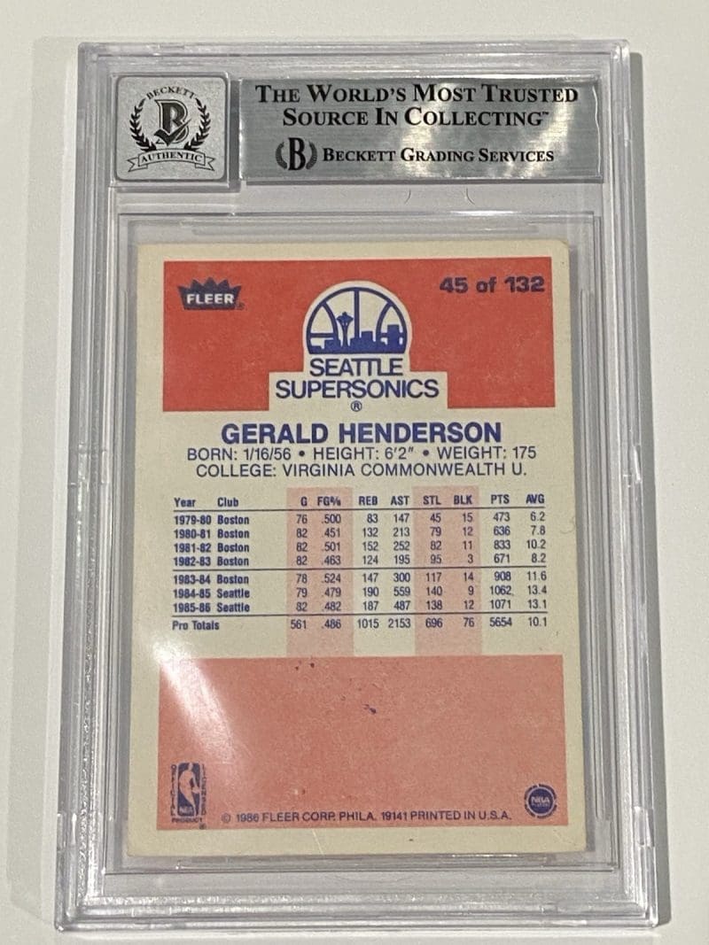 Gerald Henderson Signed 1986 Fleer #45 BAS Auto 10 Beckett Supersonics - Image 2