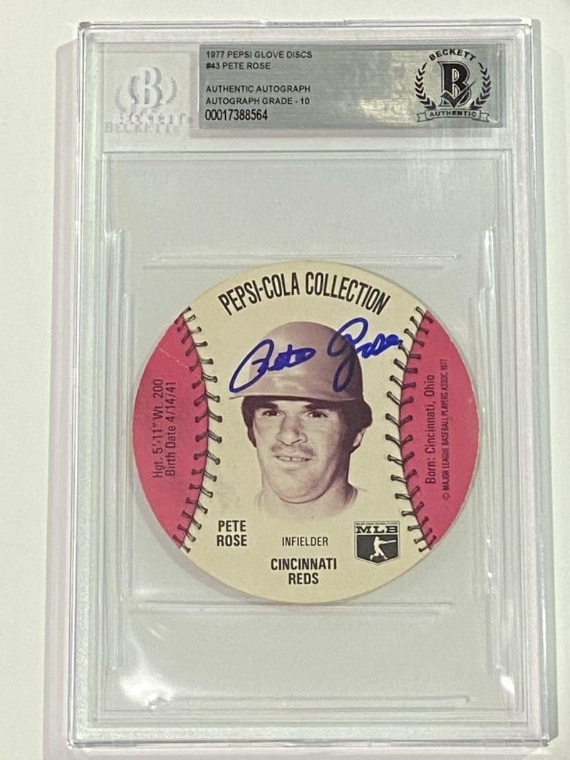 Pete Rose Signed 1977 Pepsi Glove Discs #43 Beckett BAS 10 Auto Cincinnati Reds