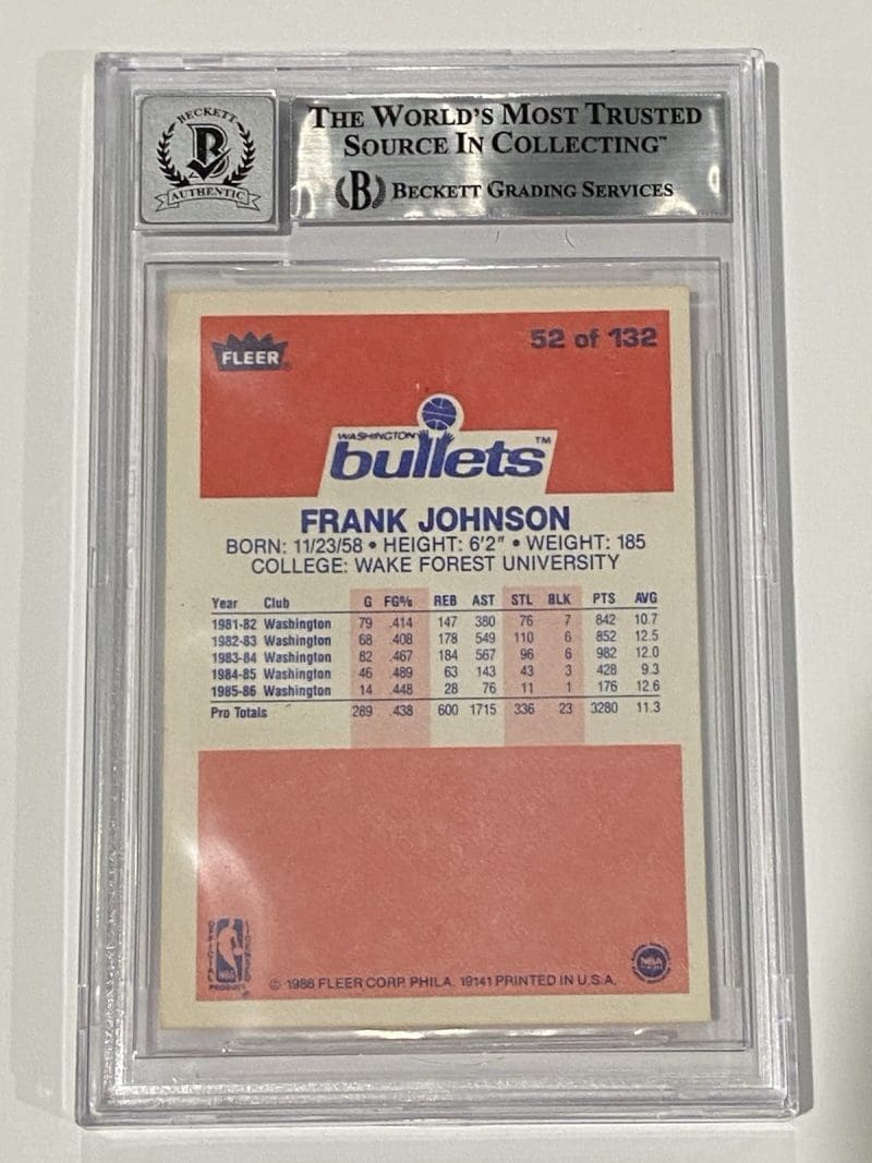 Frank Johnson Signed 1986 Fleer #52 RC Rookie BAS 10 Auto Beckett Bullets - Image 2