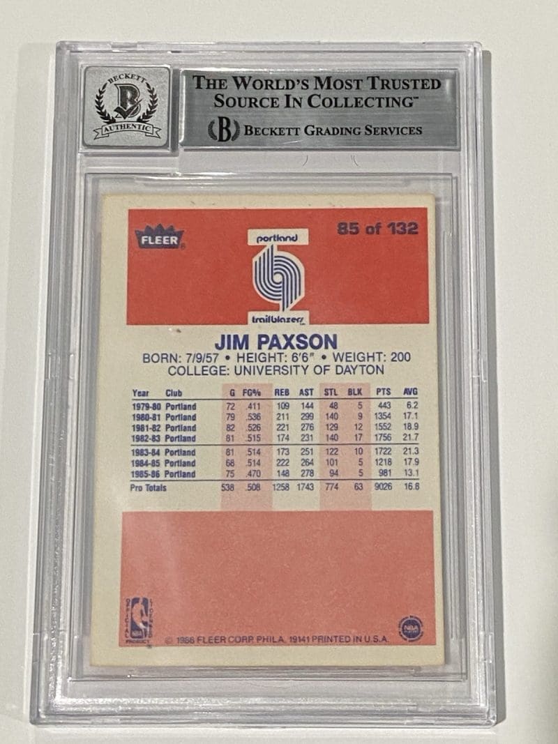 Jim Paxson Signed 1986 Fleer #85 BAS 10 Auto Beckett Portland Trail Blazers - Image 2