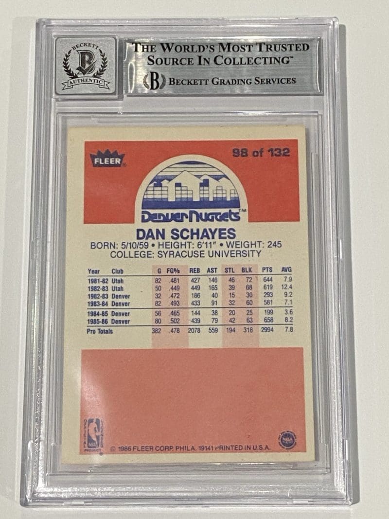 Dan Schayes Signed 1986 Fleer #98 RC Rookie Beckett BAS 10 Auto Denver Nuggets - Image 2