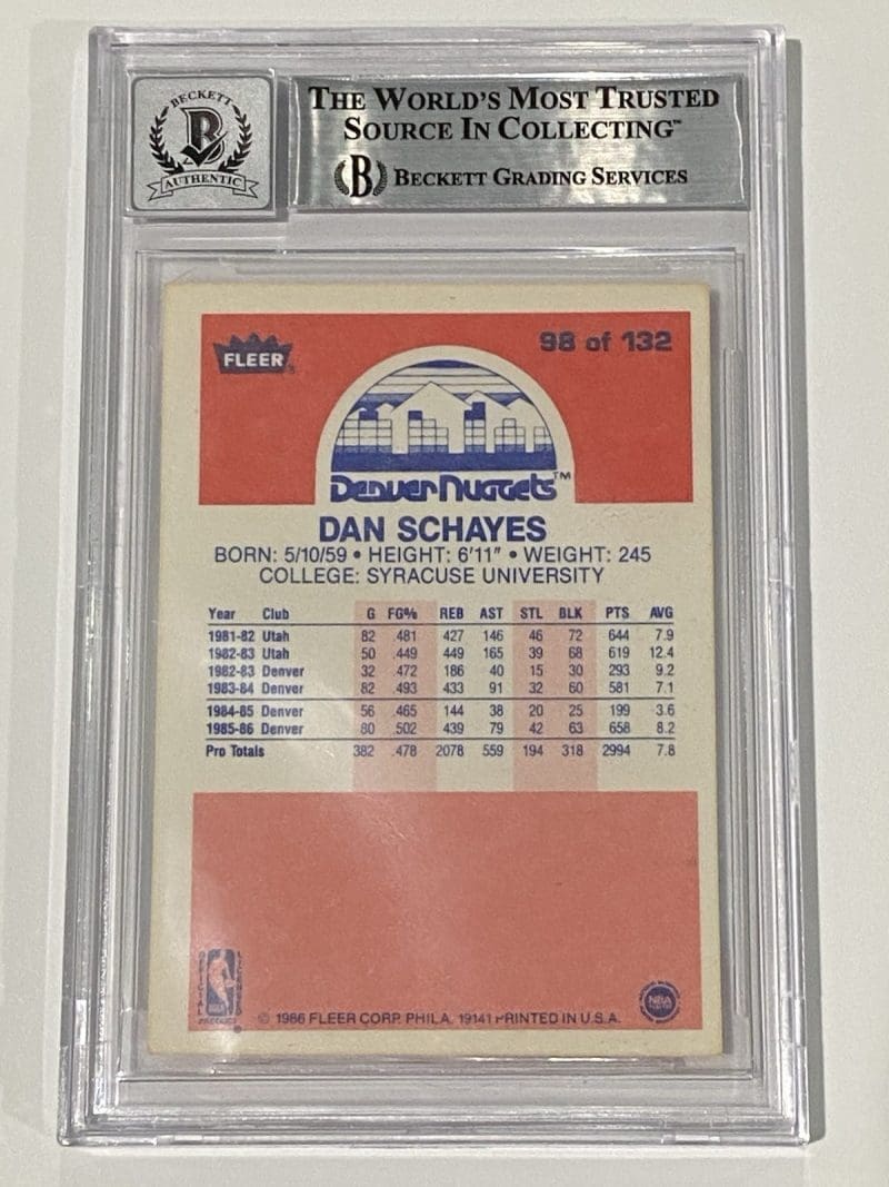 Dan Schayes Signed 1986 Fleer #98 RC Rookie Beckett BAS 10 Auto Denver Nuggets - Image 2