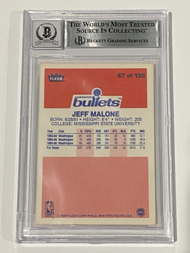 Jeff Malone Signed 1986 Fleer #67 RC Rookie BAS 10 Auto Beckett Bullets - Image 2