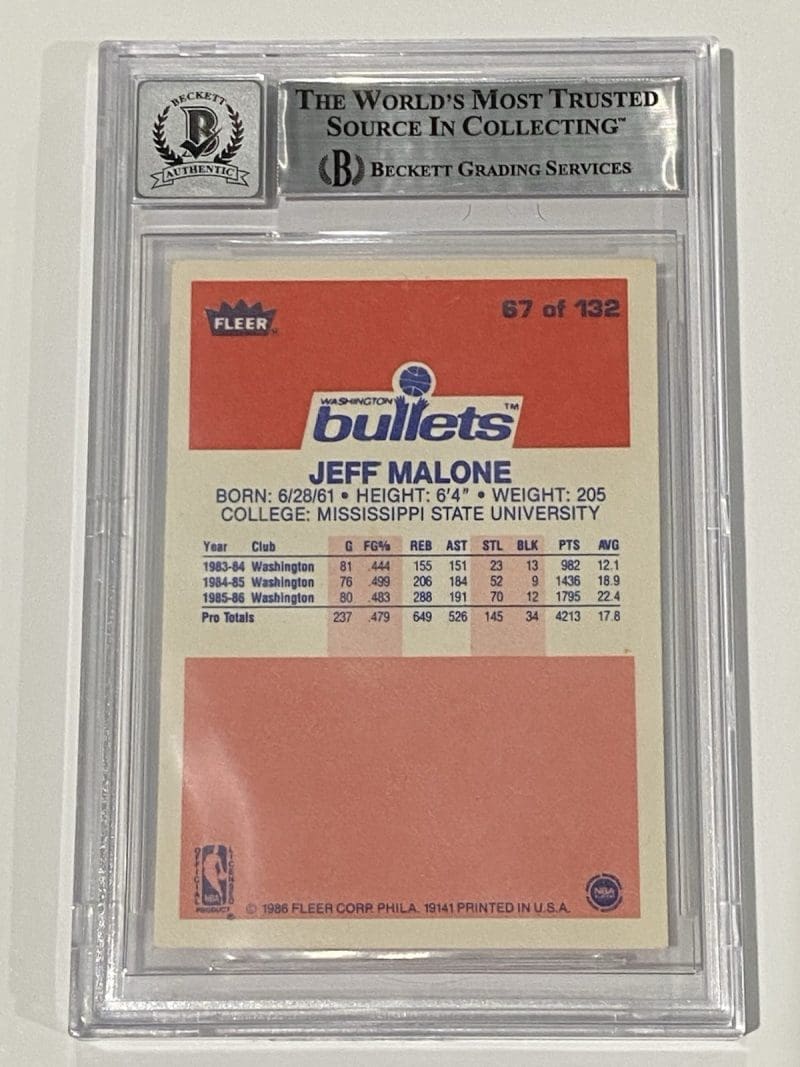Jeff Malone Signed 1986 Fleer #67 RC Rookie BAS 10 Auto Beckett Bullets - Image 2