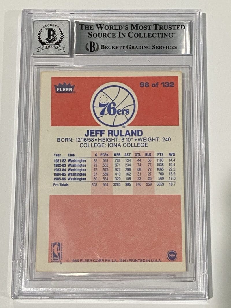 Jeff Ruland Signed 1986 Fleer #96 RC Rookie BAS 10 Auto Beckett Bullets 76ers - Image 2