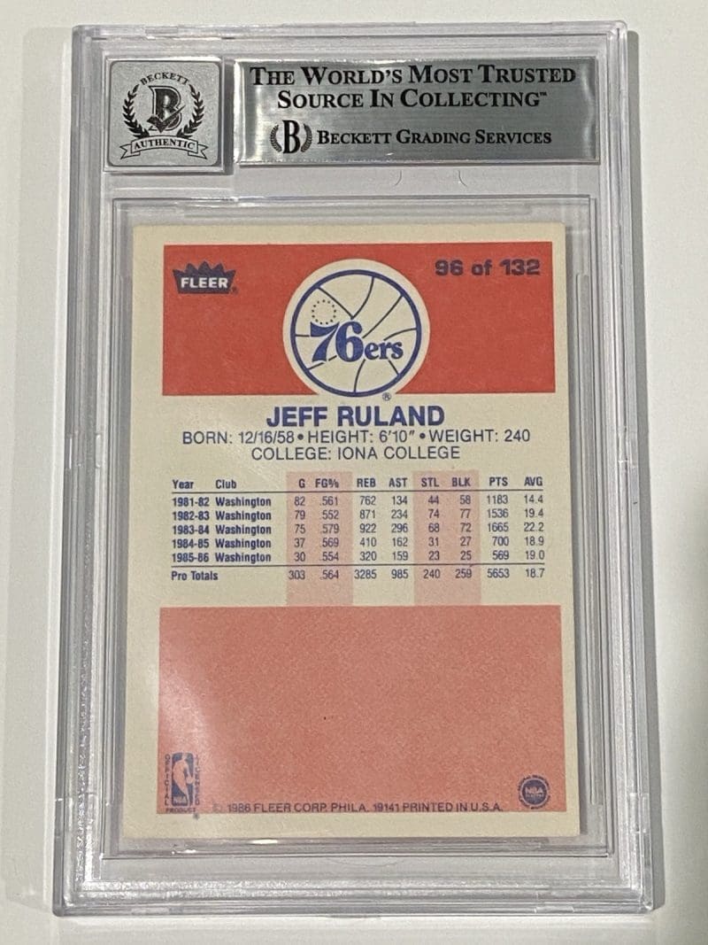 Jeff Ruland Signed 1986 Fleer #96 RC Rookie BAS 10 Auto Beckett Bullets 76ers - Image 2