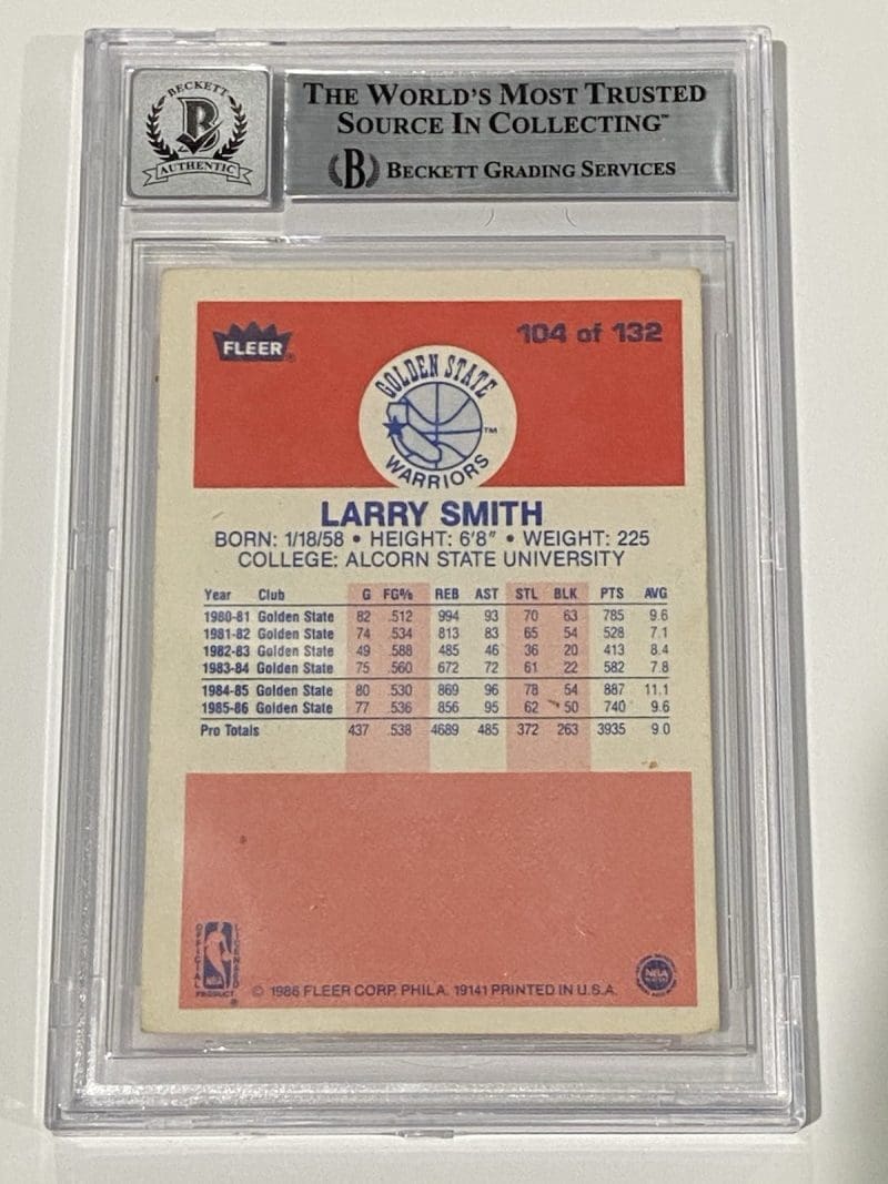 Larry Smith Signed 1986 Fleer #104 BAS 10 Auto Beckett Golden State Warriors - Image 2