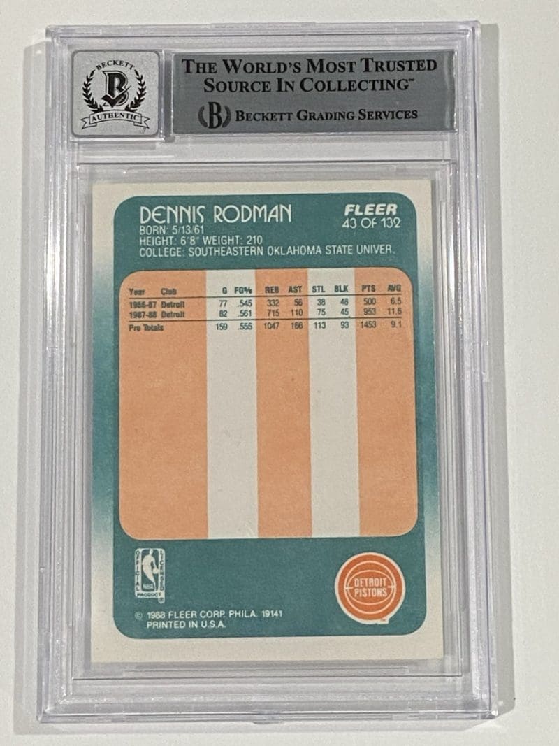 Dennis Rodman Signed 1988 Fleer #43 RC Rookie Beckett BAS Auto 10 Pistons - Image 2