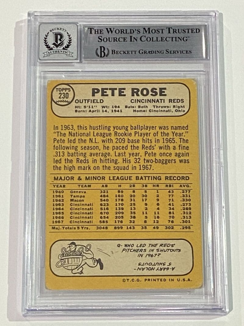 Pete Rose Signed 1968 Topps Card #230 Beckett BAS 10 Auto Cincinnati Reds - Image 2