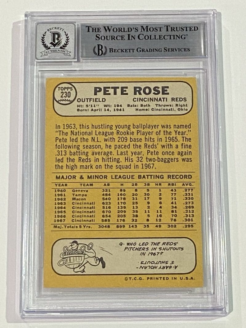 Pete Rose Signed 1968 Topps Card #230 Beckett BAS 10 Auto Cincinnati Reds - Image 2