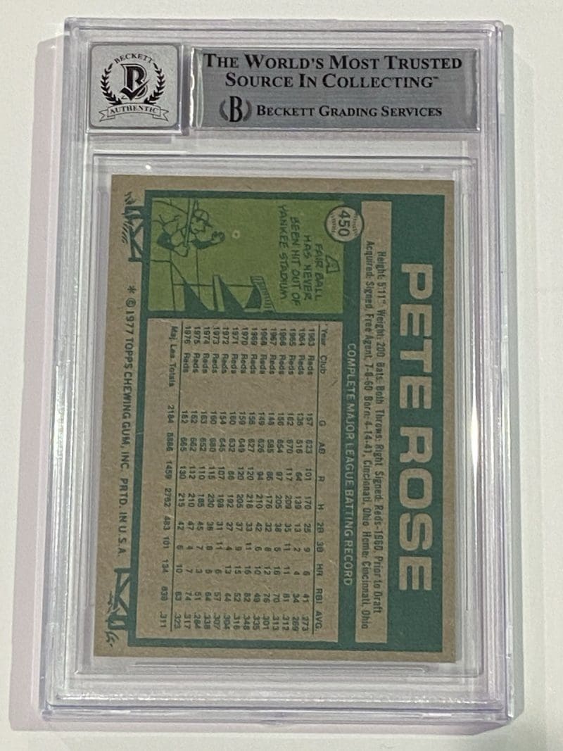 Pete Rose Signed 1977 Topps Card #450 Beckett BAS 10 Auto Cincinnati Reds - Image 2