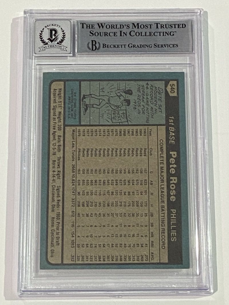 Pete Rose Signed 1980 Topps Card #540 Beckett BAS 10 Auto Cincinnati Reds - Image 2