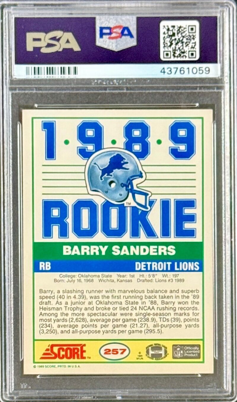 Barry Sanders Signed Autographed 1989 Score Rookie Card #257 PSA 43761059 ROY 89 - Image 2