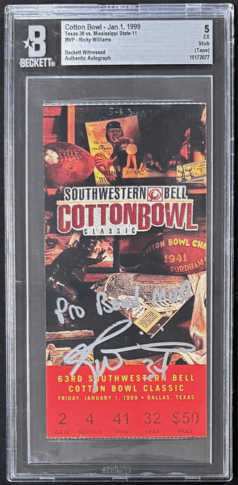Ricky Williams Signed Cotton Bowl Jan. 1, 1999 Ticket Stub BAS 5 EX Williams MVP