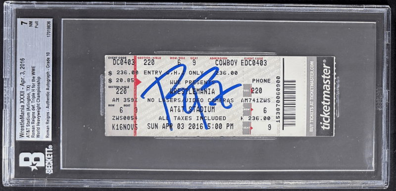 Roman Reigns Signed 2016 WWE WrestleMania XXXII Full Ticket Beckett 7 NM Auto 10