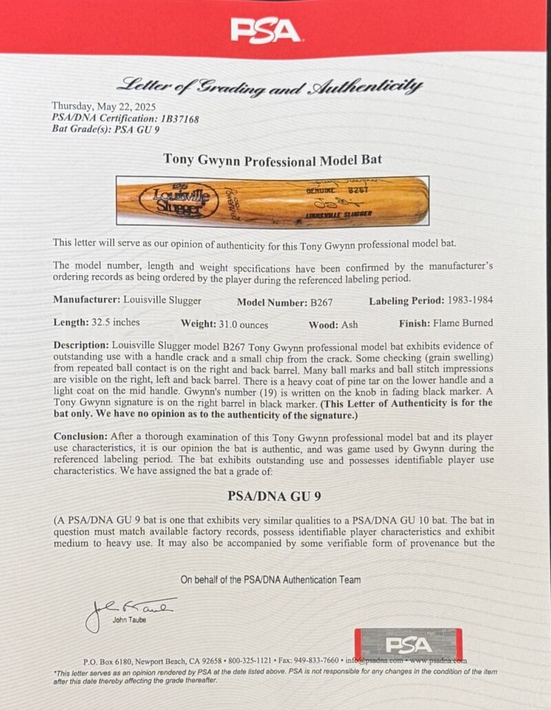Tony Gwynn Signed 1983-1984 Rookie Era Game Used LS Bat Graded 9 PSA #1B37168 - Image 12