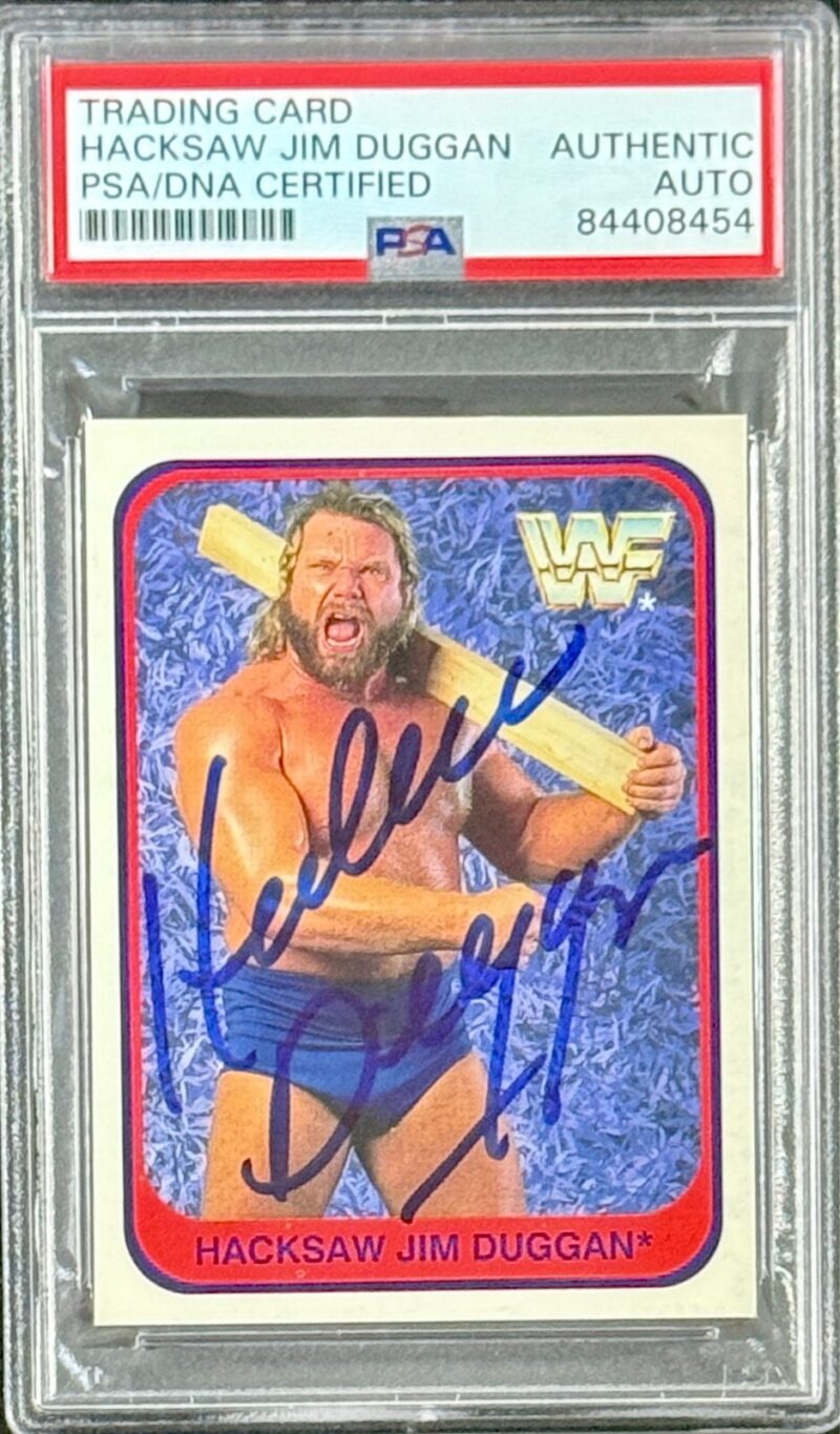 Hacksaw Jim Duggan Signed Autograph 1991 WWF Merlin Italian Card 83 PSA 84408454