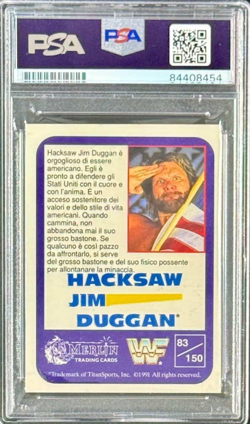 Hacksaw Jim Duggan Signed Autograph 1991 WWF Merlin Italian Card 83 PSA 84408454 - Image 2