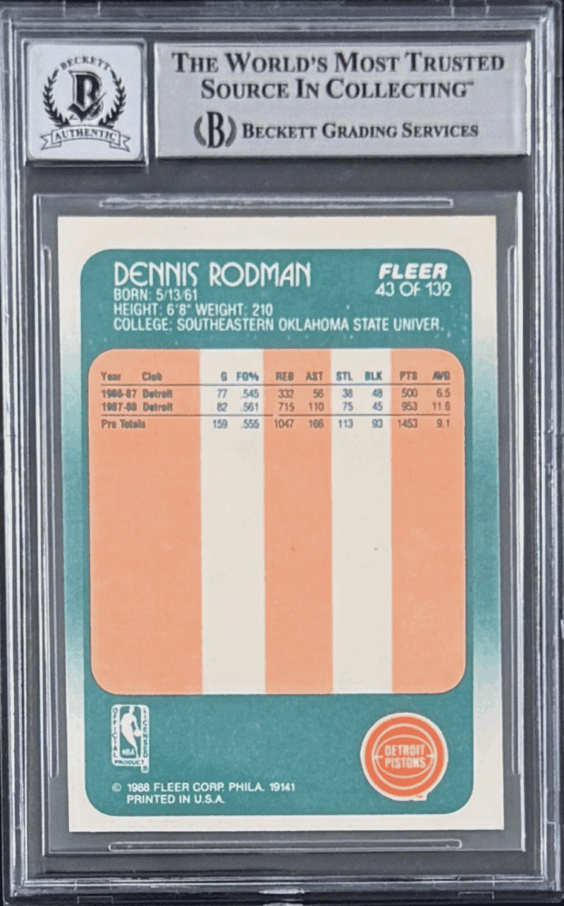 Dennis Rodman Signed 1988-89 Fleer Rookie Card #43 Beckett 17716821 Auto 10 - Image 2