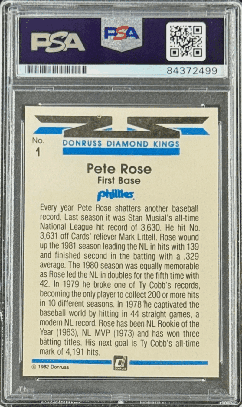 Pete Rose Signed 1982 Donruss Diamond King Card #1 PSA 84372499 Phillies - Image 2
