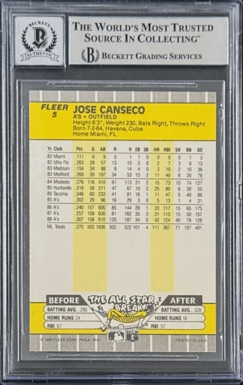 Jose Canseco Signed 1989 Fleer Card #5 Beckett Auto 10 14609438 Oakland A's - Image 2