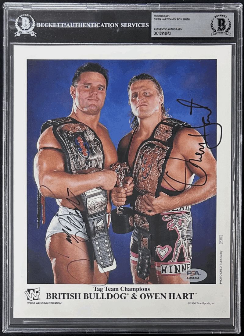 BRITISH BULLDOG & OWEN HART SIGNED WWF Titan Sports PROMO PHOTO  P-363 Beckett