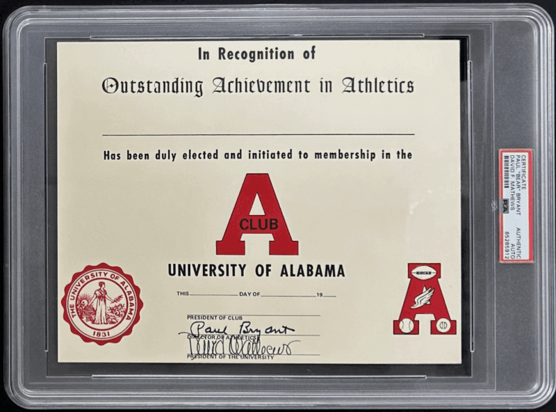 Paul "Bear" Bryant Signed Alabama Achievement Certificate PSA/DNA 85285912