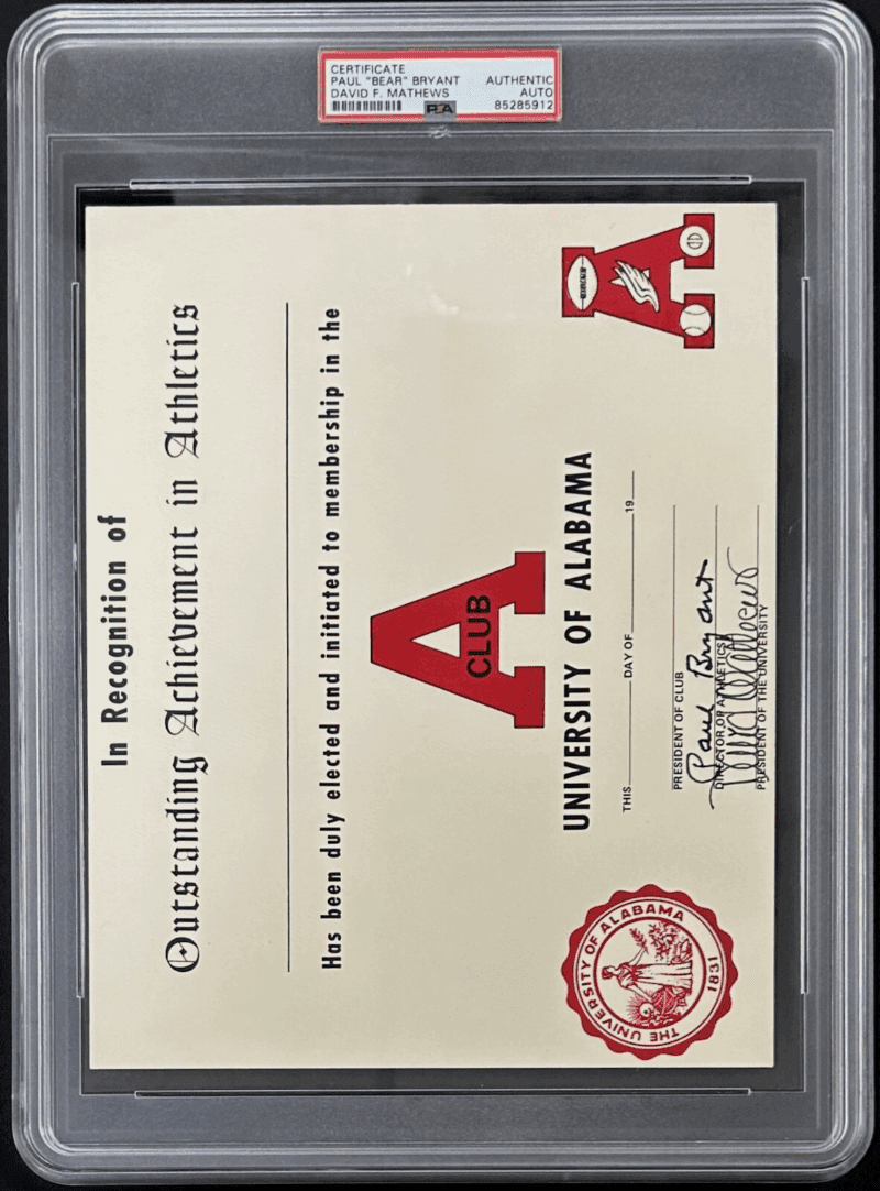 Paul "Bear" Bryant Signed Alabama Achievement Certificate PSA/DNA 85285912 - Image 2
