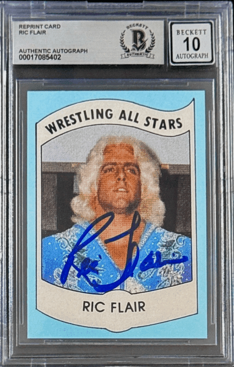 Ric Flair Signed 1982 PWE Wrestling All Stars Series REPRINT Card 27 BAS17085402