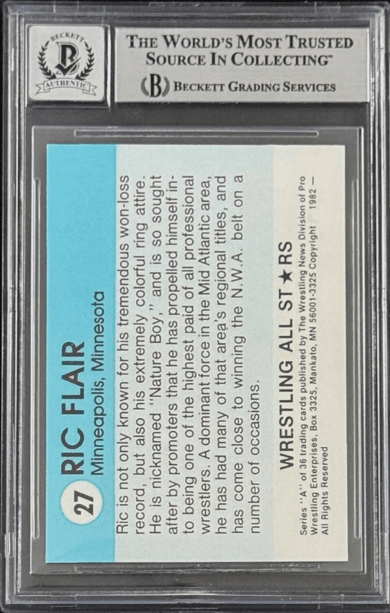 Ric Flair Signed 1982 PWE Wrestling All Stars Series REPRINT Card 27 BAS17085402 - Image 2