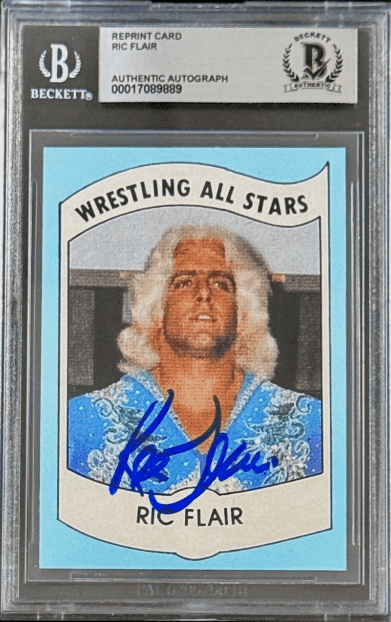Ric Flair Signed 1982 PWE Wrestling All Stars Series REPRINT Card 27 BAS17089889