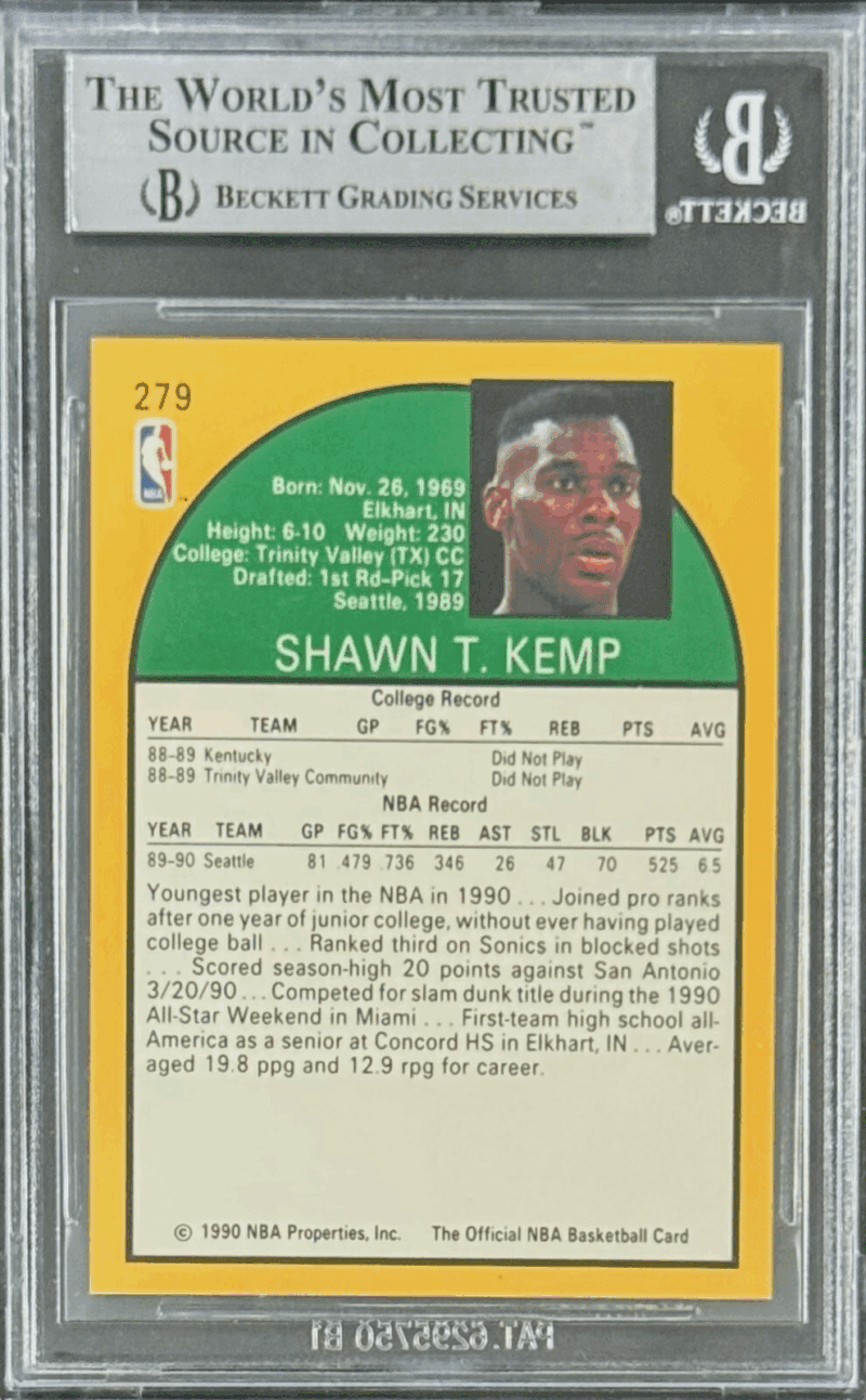 Shawn Kemp Signed 1990-91 Hoops Rookie Card #279 Beckett 11596233 - Image 2