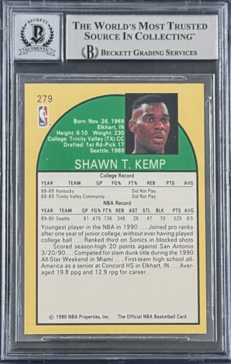 Shawn Kemp Signed 1990-91 Hoops Rookie Card #279 Beckett 15989189 Auto 10 - Image 2