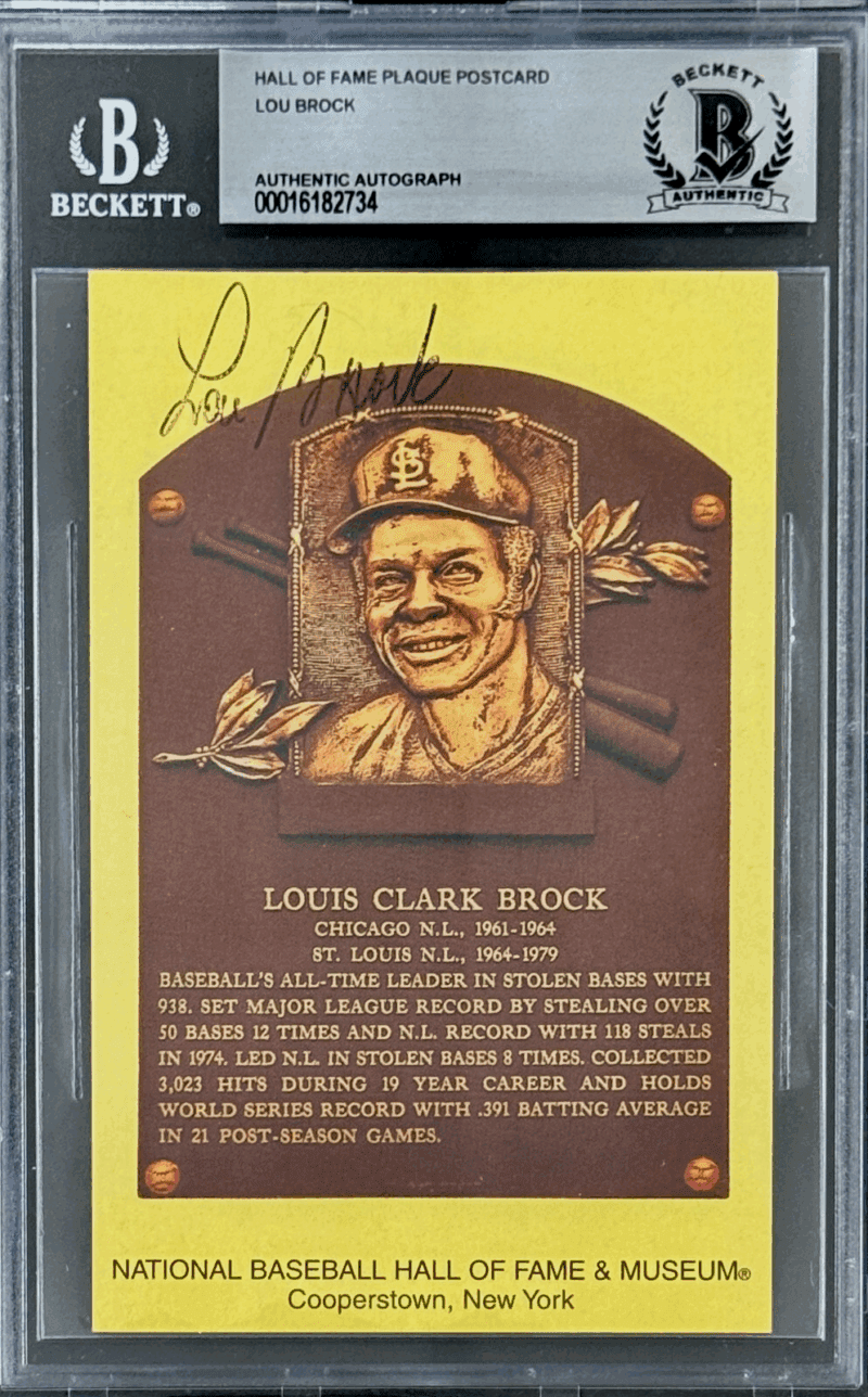 Lou Brock Signed Autographed Hall of Fame Plaque Postcard Beckett 16182734