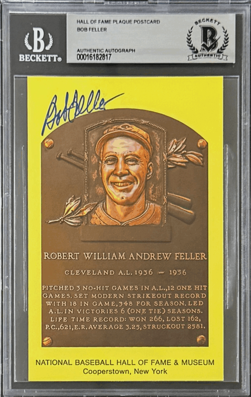 Bob Feller Signed Autographed Hall of Fame Plaque Postcard Beckett 16182717
