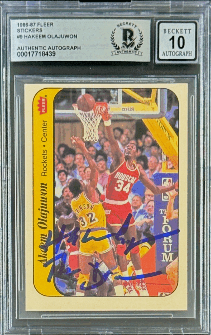 Hakeem Olajuwon Signed 1986 Fleer Sticker Card #9 Beckett 17718439 Auto 10
