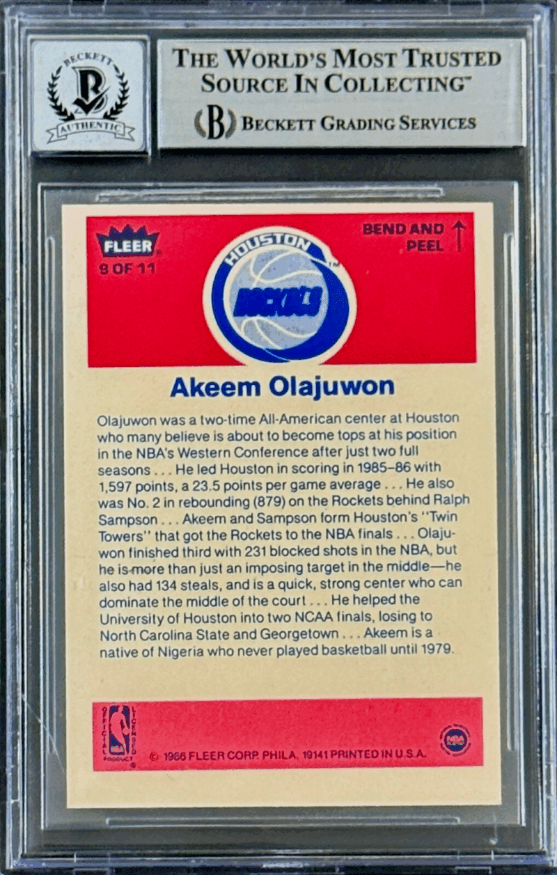 Hakeem Olajuwon Signed 1986 Fleer Sticker Card #9 Beckett 17718439 Auto 10 - Image 2