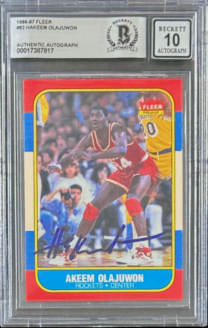 Hakeem "Akeem" Olajuwon Signed 1986-87 Fleer Rookie Card #82 Beckett 17387817