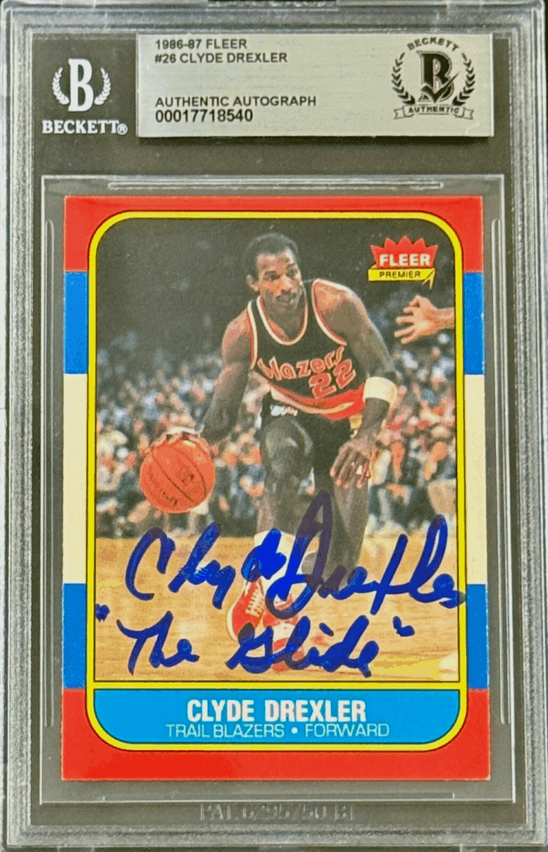 Clyde Drexler Signed 1986-87 Fleer Rookie Card #26 Beckett 17718540 "The Glide"