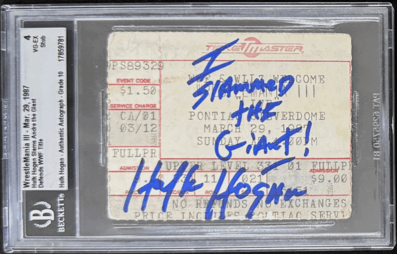 Hulk Hogan Signed I Slammed The Giant WrestleMania III Ticket Stub BAS 4 VG-EX