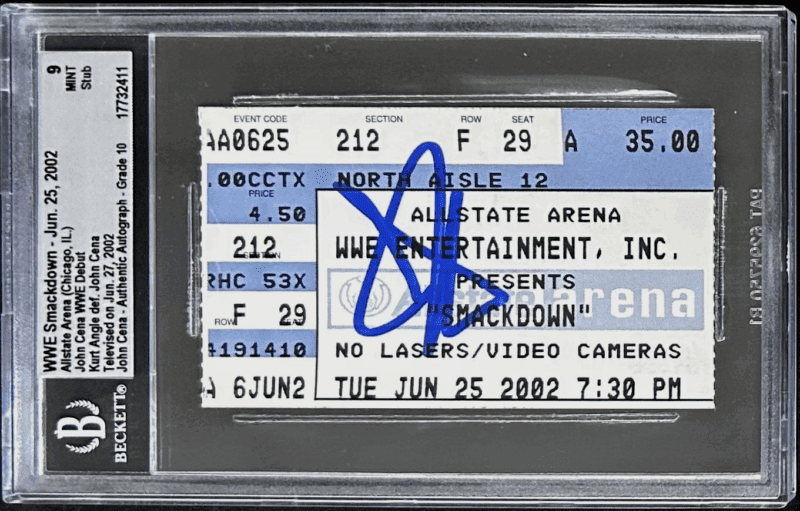 John Cena Signed Jun 25, 2002 Smackdown WWE Debut Ticket Stub BAS 9 Mint Auto 10
