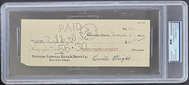 Orville Wright Signed Check Wright Bothers PSA/DNA 85481962 Inventor Airplane