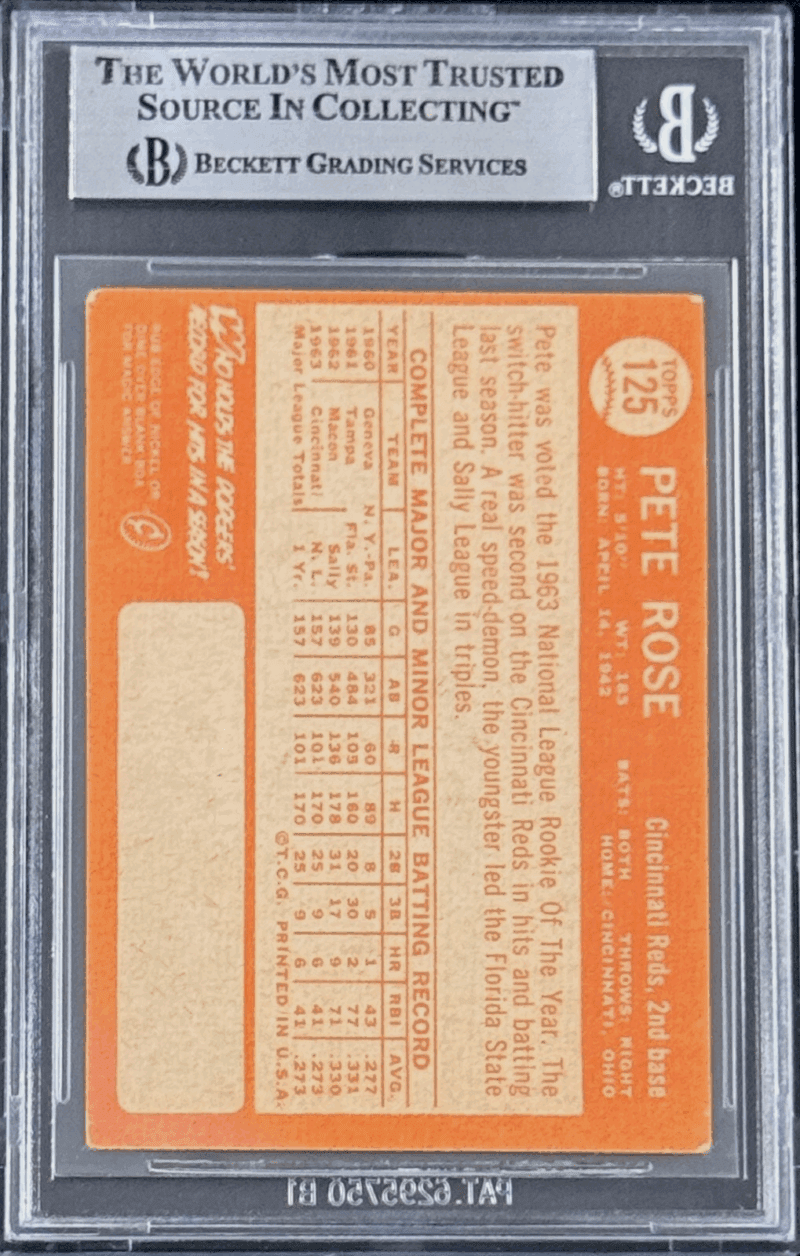 Pete Rose Signed 1964 Topps UER Card #125 Beckett Reds All Star Rookie 17388273 - Image 2