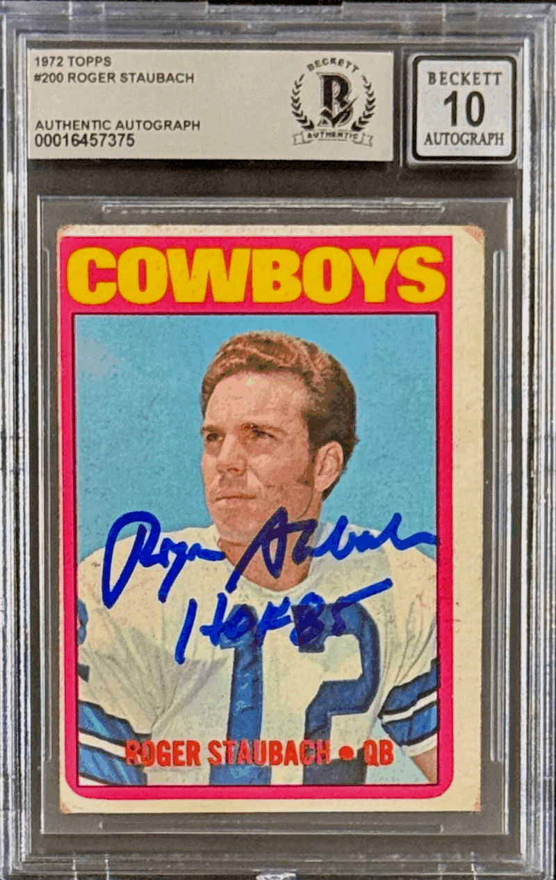 Roger Staubach Signed 1972 Topps RC Card #200 Beckett 16457375 Auto 10 HOF 85