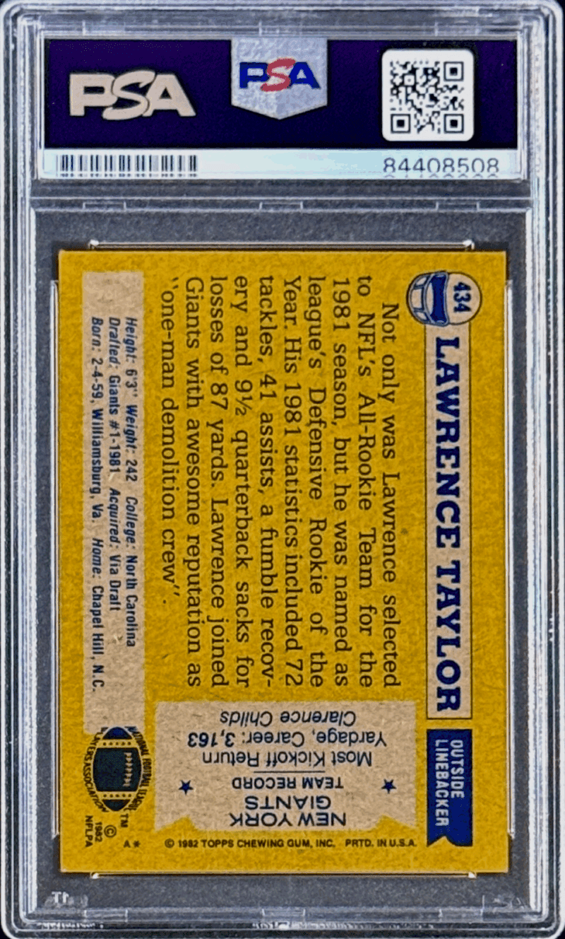 Lawrence Taylor Signed Autographed 1982 Topps Card #434 PSA 84408508 - Image 2